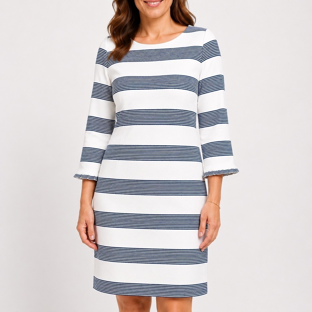Talbots Shift Dress Womens 14P Navy White Striped Nautical 3/4 Ruffle Sleeve NWT
